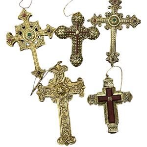 Set of 5 gold tone cross ornaments